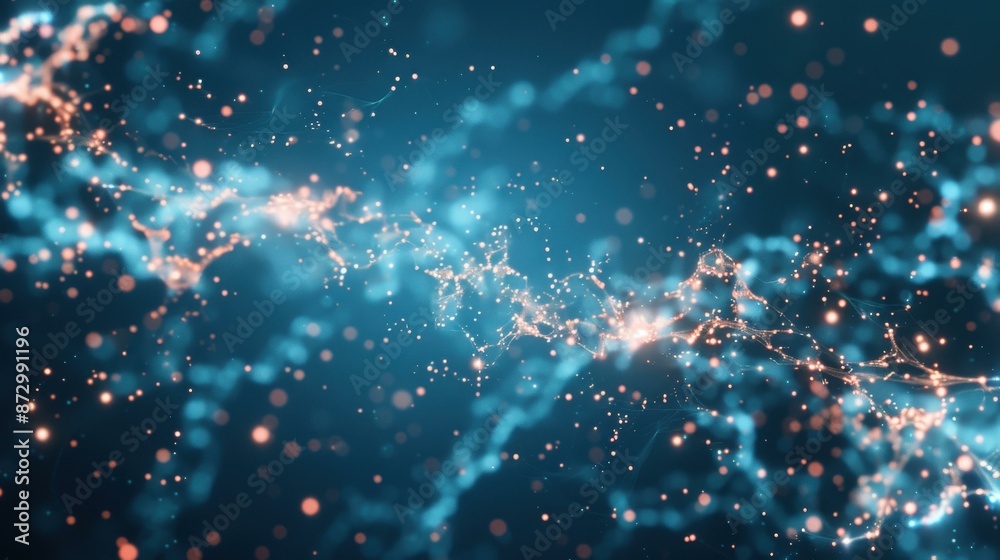 Obraz premium A close-up of cellular structures with glowing particles on a blue background.
