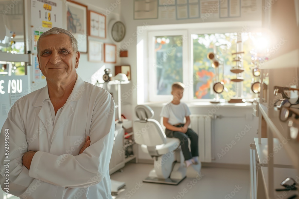 Obraz premium Senior optometrist His father stood proudly in the eyeglass workshop. There was a boy sitting in the back patient's chair and there was a vision chart on the wall.