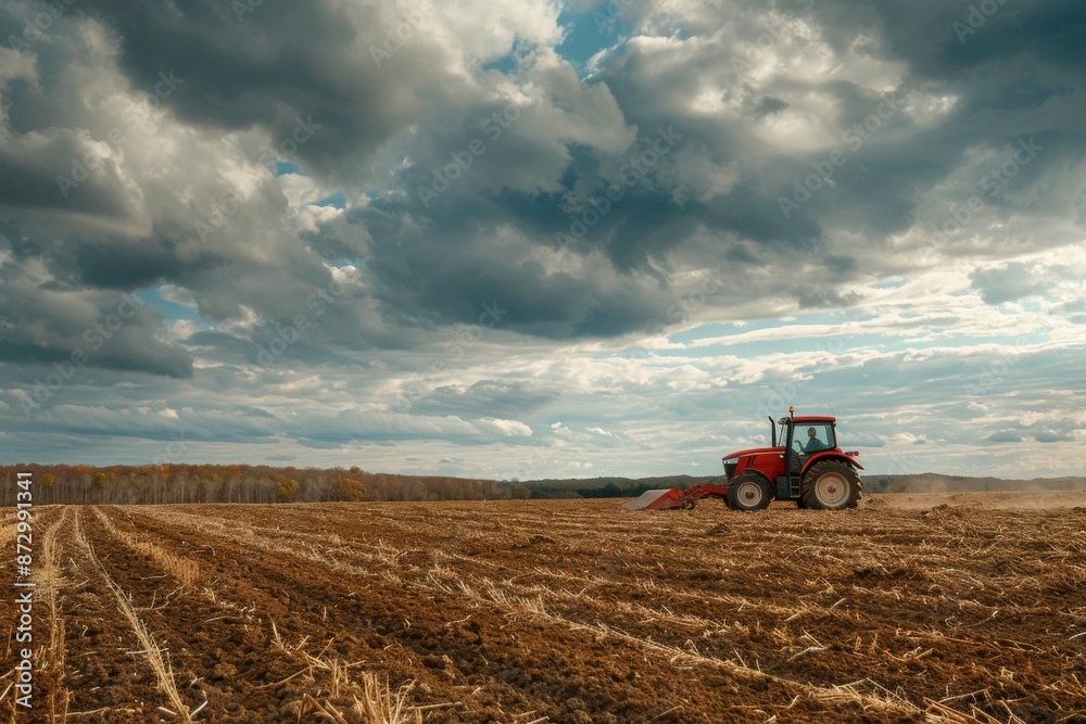 Red Tractor Plowing Field Under Dramatic Sky Red Tractor Plowing Field Under Dramatic Sky