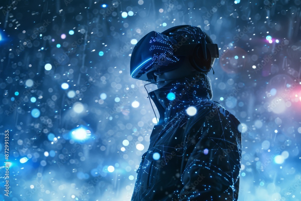 A man wearing a VR headset, a surreal world and virtual reality, and fields full of colorful flowers. Stock photo. A man wearing a VR headset, a surreal world and virtual reality, and fields full of colorful flowers. Stock photo.