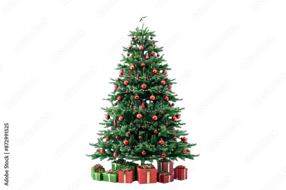 A large Christmas tree with red and green ornaments sits on a white background A large Christmas tree with red and green ornaments sits on a white background