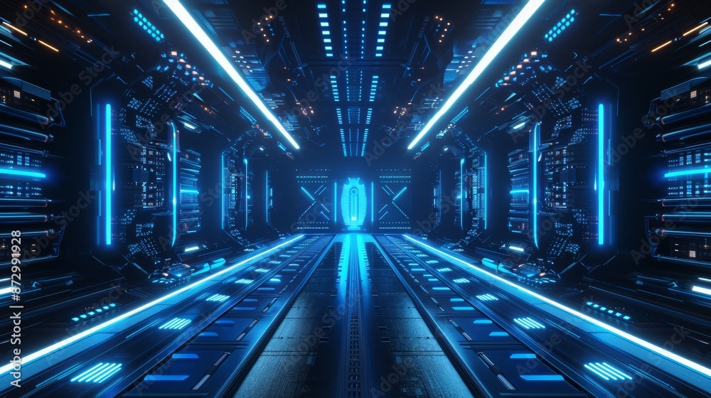 Fototapeta premium Future architecture with a neon blue background and an empty interior. Generation AI.