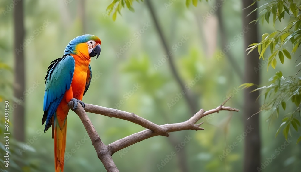 Obraz premium A beautiful colourful parrot is sitting in a tree branch behind it blurred view of forest