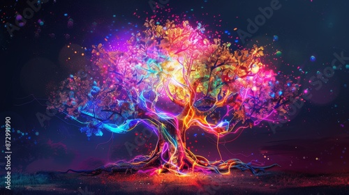 HD 4k Network Light Glowing Laser Motion Bright Abstract Oak Nature Tree Plexus Neon Black Background photo