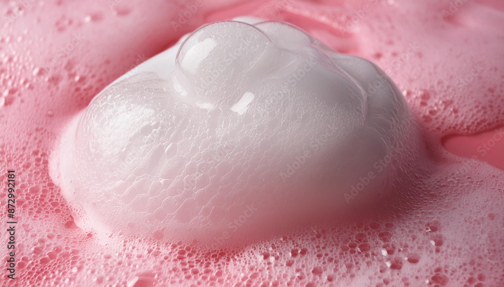 Fototapeta premium Soap foam texture on pink background. Shampoo bubbles. Hygiene, bath and spa care concept.