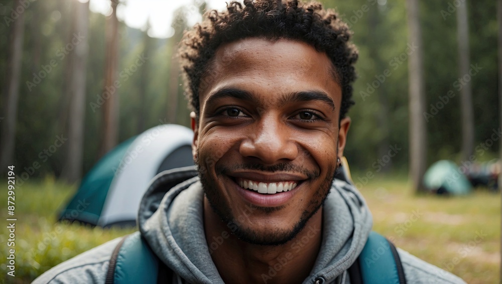 A young African-American man with curly hair and a bright smile, camping in the woods, enjoying the outdoors.