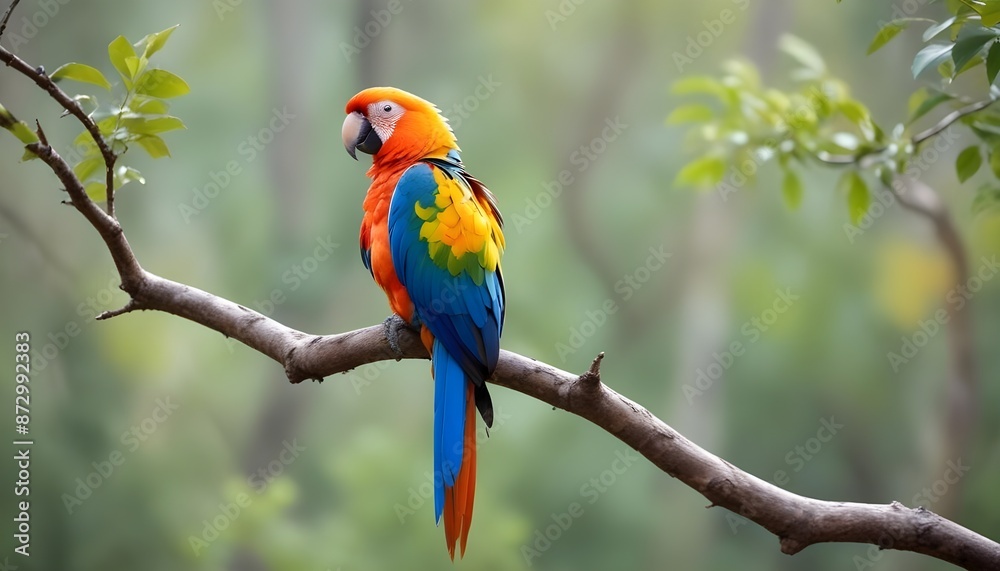 Fototapeta premium A beautiful colourful parrot is sitting in a tree branch behind it blurred view of forest