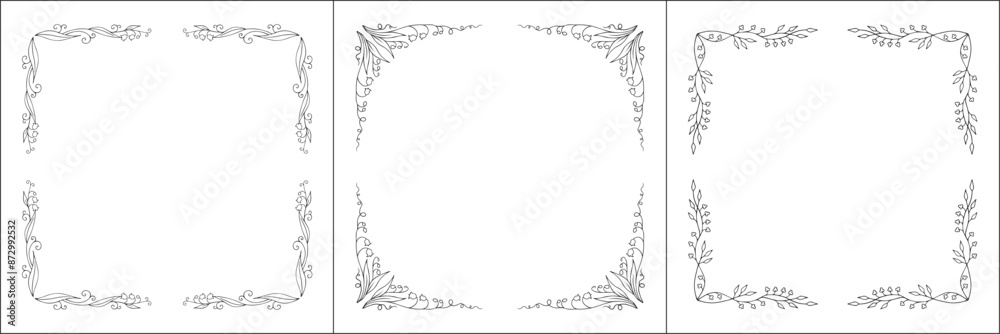 Set of three vegetal vector frames with forest flowers and leaves. Black and white. Vector frame for all sizes and formats. Isolated vector illustration.
Set of three vegetal vector frames with forest flowers and leaves. Black and white. Vector frame for all sizes and formats. Isolated vector illustration.