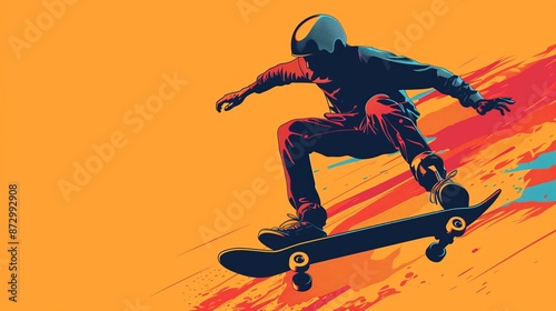 Illustration of skateboarder mid-air trick on orange background. youthful energy and street culture