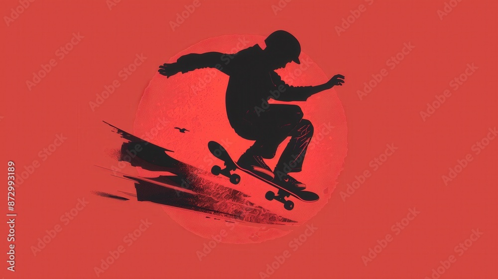 Illustration of skateboarder mid-air trick on red background. youthful energy and street culture Illustration of skateboarder mid-air trick on red background. youthful energy and street culture