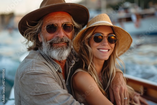 A joyful couple embracing on a boat, both wearing stylish hats and sunglasses, enjoying the outdoors and each other’s company. The scene reflects love, adventure, and companionship.