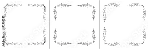 Set of three vegetal elegant black and white ornamental frames with leaves, decorative border, corners for greeting cards, banners, business cards, invitations, menus. Isolated vector illustration. 