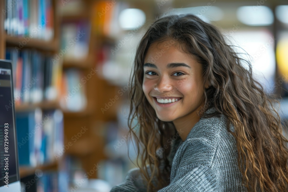 Smiling Student in Library Using Computer Smiling Student in Library Using Computer