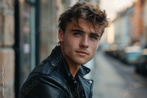 Young man in leather jacket on city street