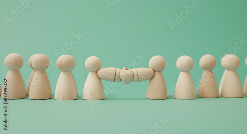 Human-shaped wooden doll with a handshaking icon for business team building concept. employment headhunting, candidate, human resources management, and teamwork design