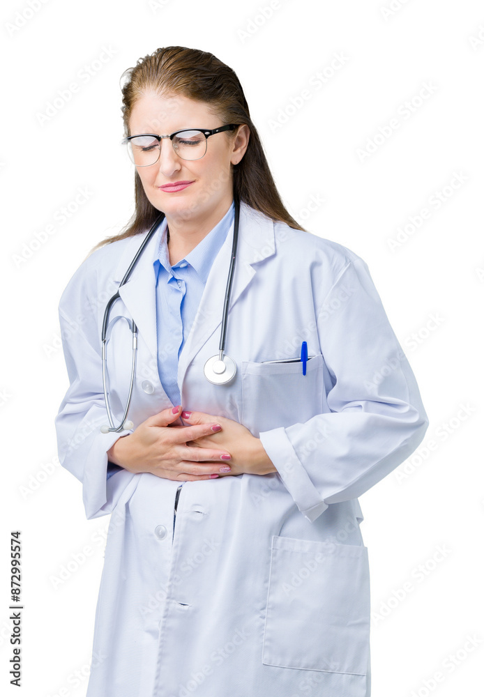 Middle age mature doctor woman wearing medical coat over isolated background with hand on stomach because nausea, painful disease feeling unwell. Ache concept. Middle age mature doctor woman wearing medical coat over isolated background with hand on stomach because nausea, painful disease feeling unwell. Ache concept.
