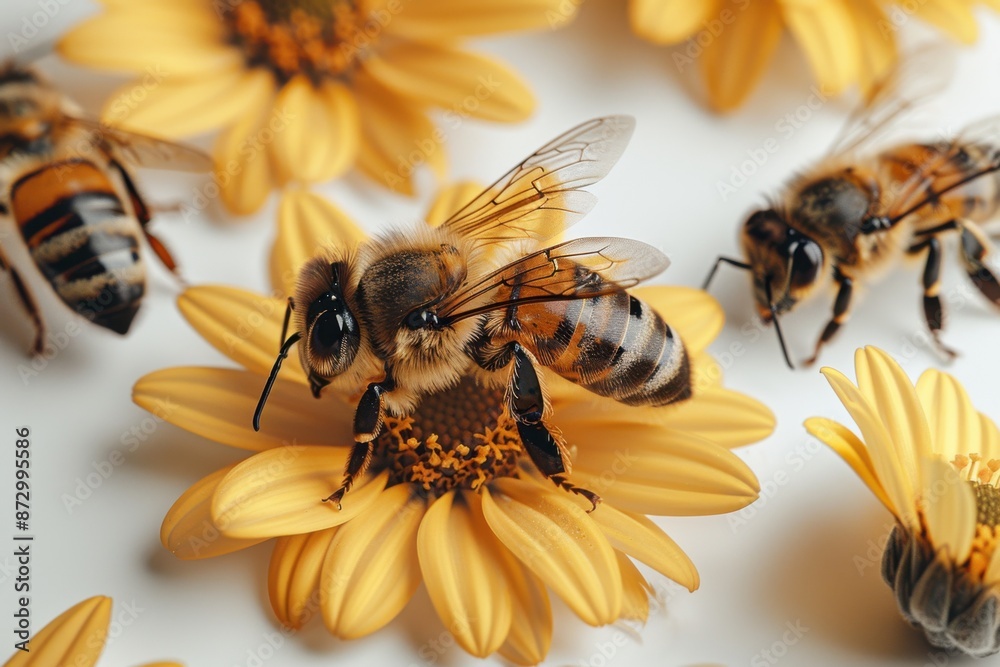 Close-Up of Honeybees on Yellow Flowers with Detailed Wings and Pollen Collection Close-Up of Honeybees on Yellow Flowers with Detailed Wings and Pollen Collection