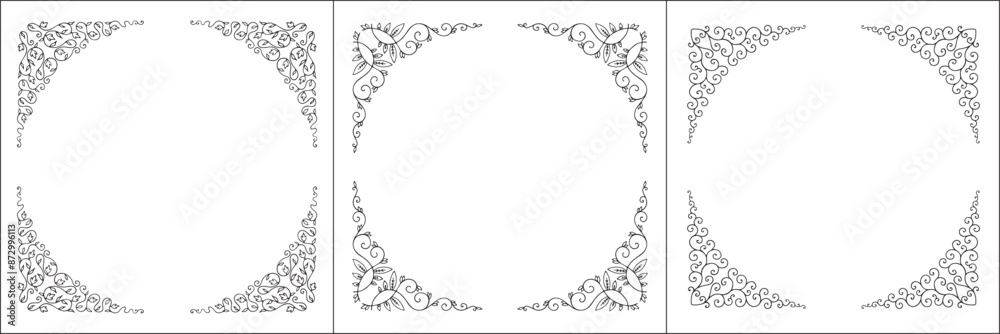 Set of three round vegetal vector frames with leaves. Black and white. Vector frame for all sizes and formats. Isolated vector illustration. Set of three round vegetal vector frames with leaves. Black and white. Vector frame for all sizes and formats. Isolated vector illustration.