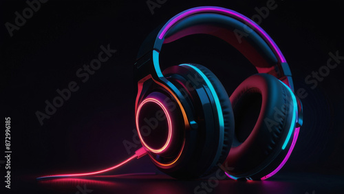 World Music Day, a headset of headphones on a background of neon light. An event dedicated to the Music Day. A closeup of a players headphones.