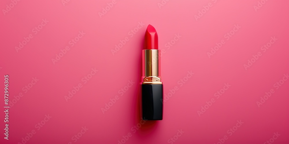Red lipstick on vibrant pink background, minimalist beauty conce