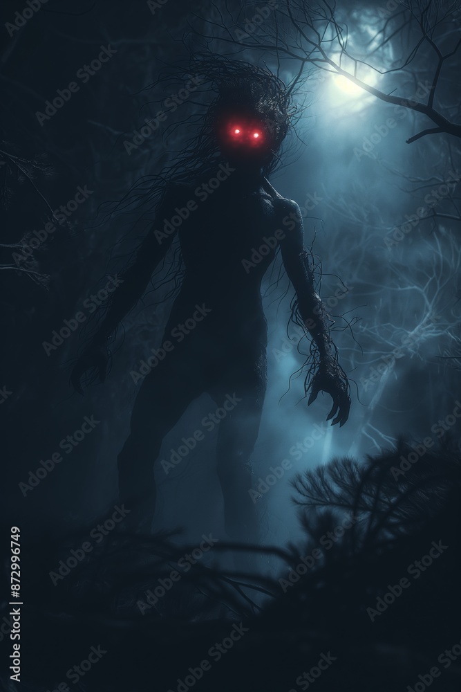 Obraz premium In the dark forest, a horror unfolds, where evil spirits lurk, shrouded in mist and shadow.