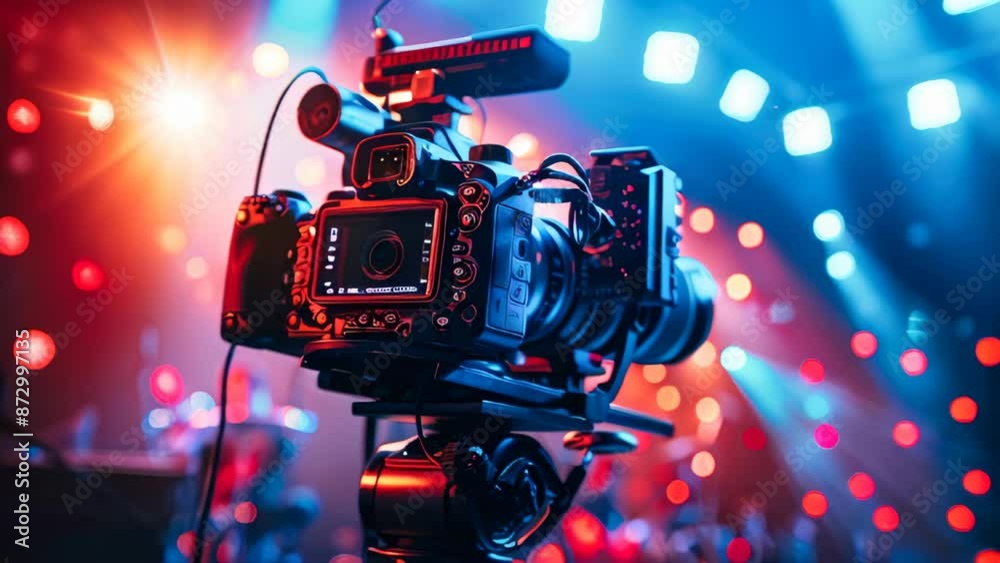 Cinematic scene of a video production studio with professional cameras and lighting equipment