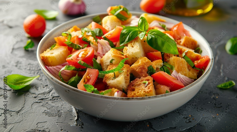 Bowl panzanella salad with tomatoes onions basil bread, quick easy rustic healthy Bowl panzanella salad with tomatoes onions basil bread, quick easy rustic healthy
