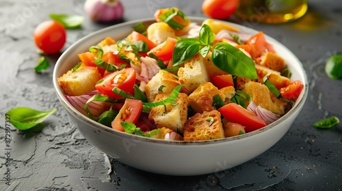 Bowl panzanella salad with tomatoes onions basil bread, quick easy rustic healthy