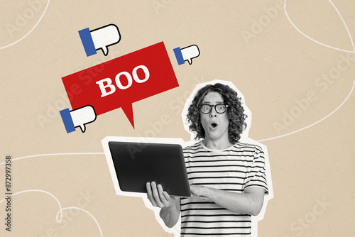 Obraz na plátně Composite photo collage of astonished man boo laptop notification blog thumb dow