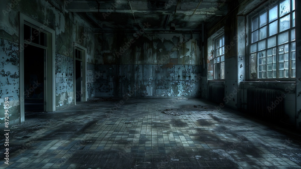 Obraz premium Abandoned Room with Barred Window, Crumbling Walls, and a Broken Chair, A Haunting Reminder of the Past
