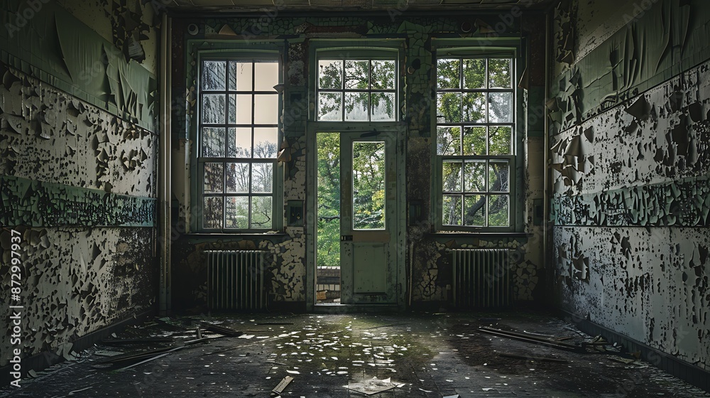 Abandoned Room with Barred Window, Crumbling Walls, and a Broken Chair, A Haunting Reminder of the Past Abandoned Room with Barred Window, Crumbling Walls, and a Broken Chair, A Haunting Reminder of the Past