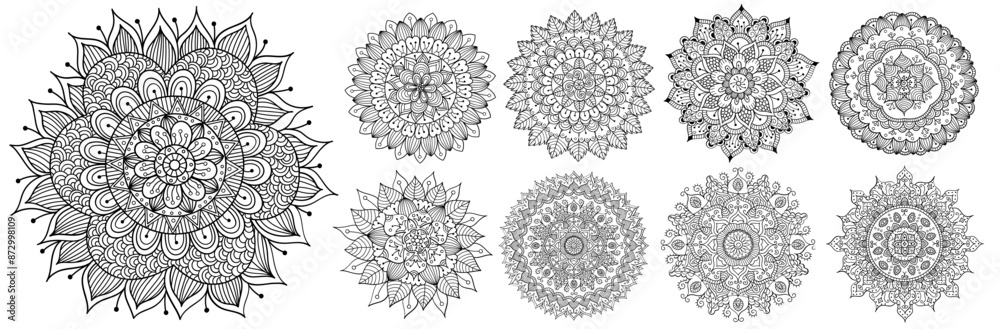 Hand drawn doodle mandalas bundle. Floral and abstract mandalas big collection for coloring book. Circle ornaments set vector illustration Hand drawn doodle mandalas bundle. Floral and abstract mandalas big collection for coloring book. Circle ornaments set vector illustration