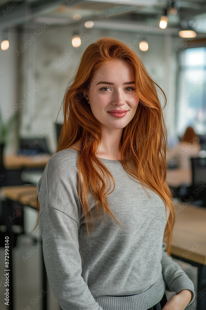 A girl standing in a coworking space, smiling at the camera. A girl standing in a coworking space, smiling at the camera.
