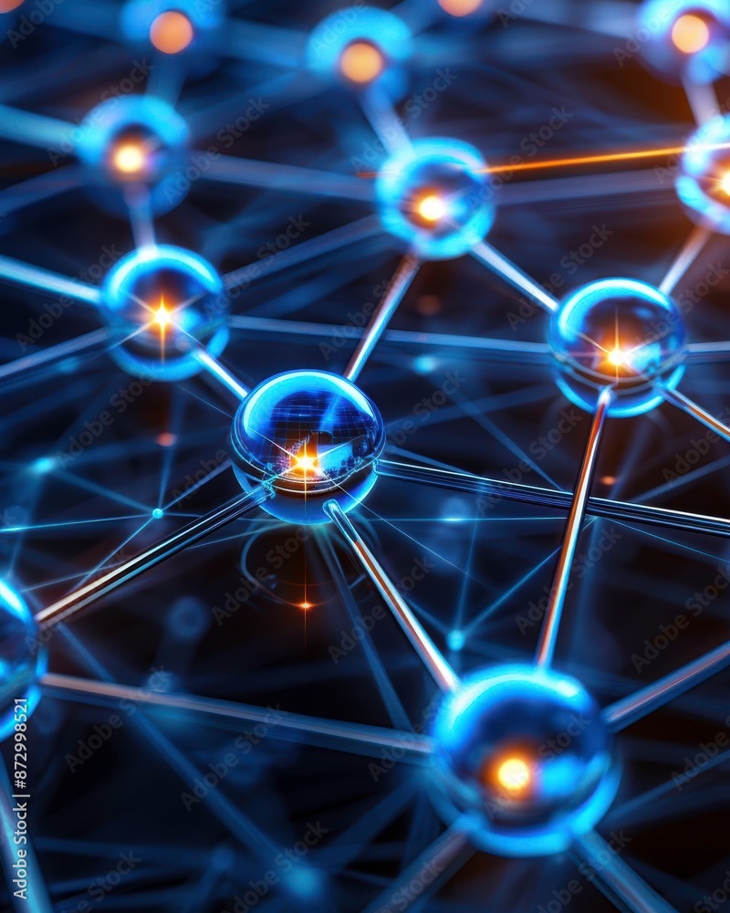 Close-up of interconnected metallic spheres representing a network or molecular structure, illuminated by blue and yellow light. Close-up of interconnected metallic spheres representing a network or molecular structure, illuminated by blue and yellow light.