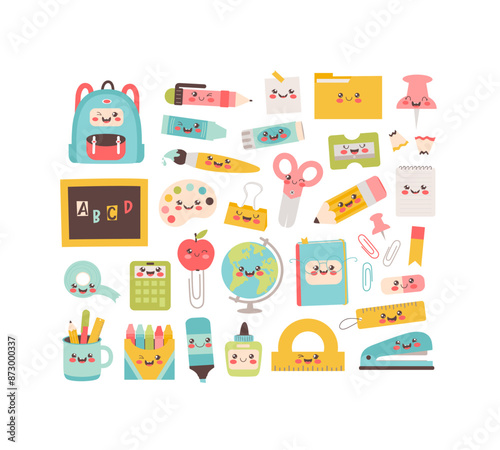 School supplies cartoon characters. Back to school clipart collection. Vector illustration