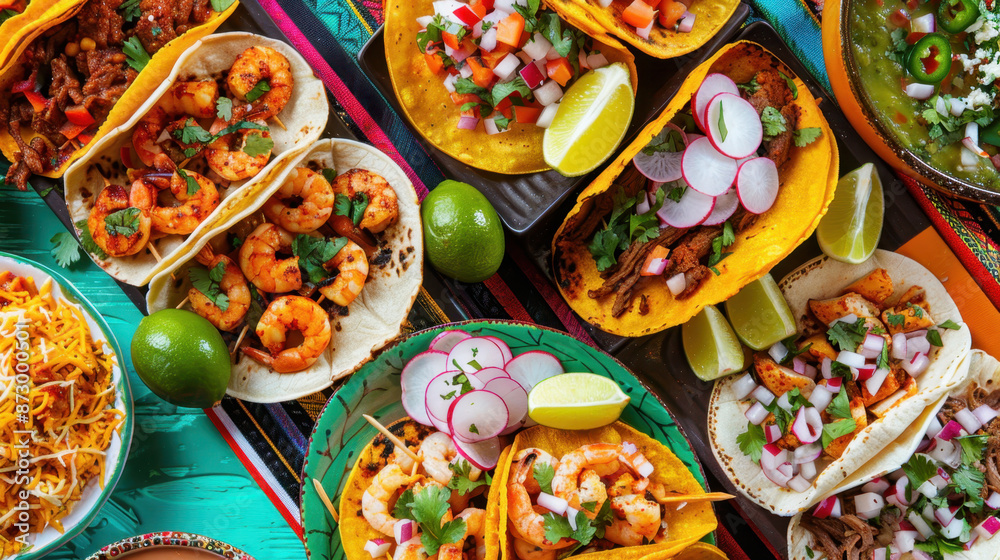 Fototapeta premium Assorted Mexican Tacos with Shrimp, Meat, Vegetables, Lime, and Cheese on Colorful Table Setting