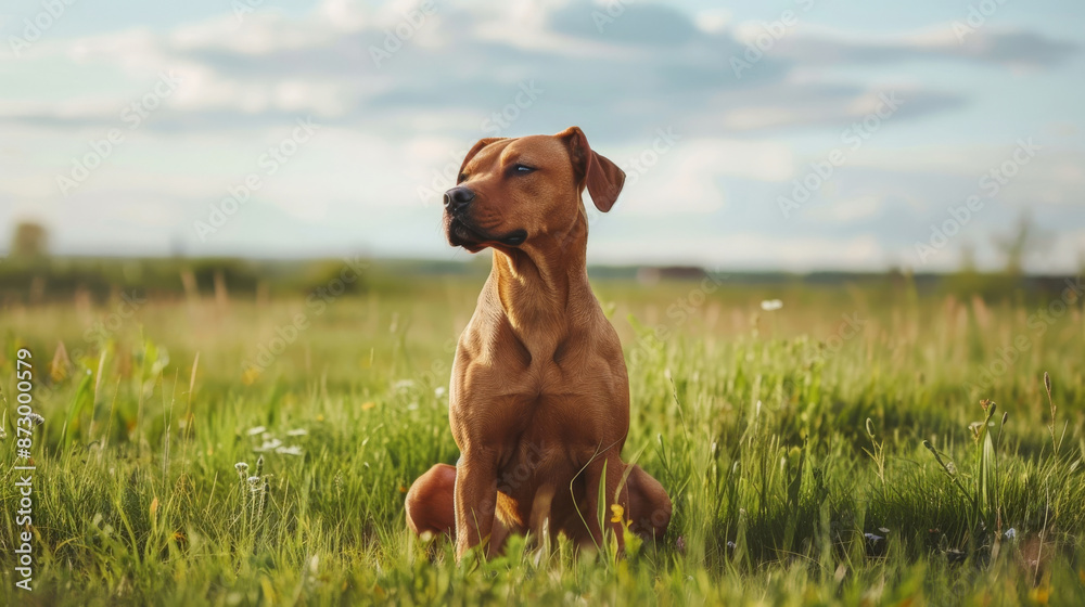 Brown dog sitting in a grassy field under a blue sky Brown dog sitting in a grassy field under a blue sky