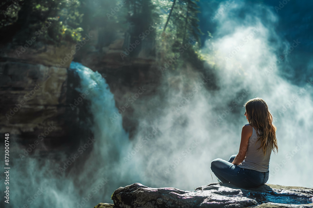 Fototapeta premium A woman sitting on a rock by a waterfall, with mist rising around her.