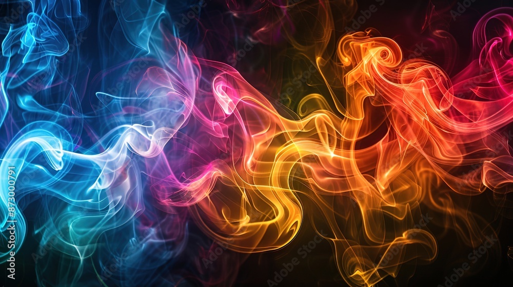 Psychedelic Swirling Smoke Patterns with Colorful Lights on Black Background Psychedelic Swirling Smoke Patterns with Colorful Lights on Black Background
