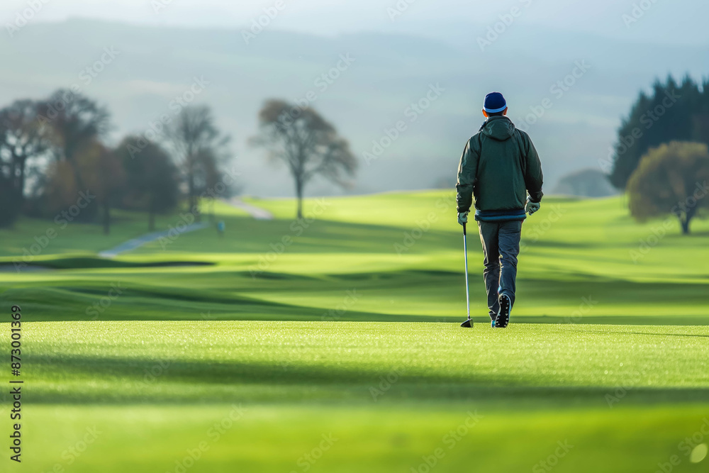A golfer walking on a lush green golf course during a sunny day with trees and shadows in the background. A golfer walking on a lush green golf course during a sunny day with trees and shadows in the background.