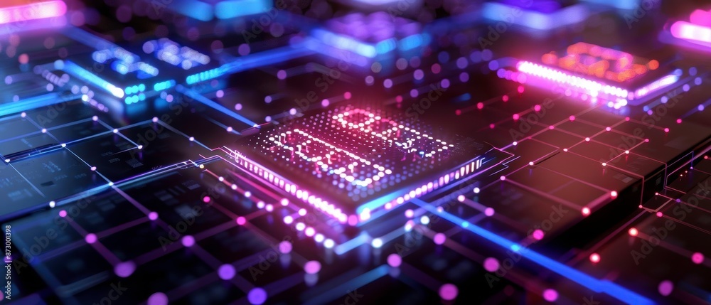 Futuristic glowing microchip on a circuit board, representing advanced technology, data processing, and innovation in electronics.
