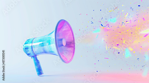 Colorful megaphone with confetti explosion on light background, celebration concept © NK