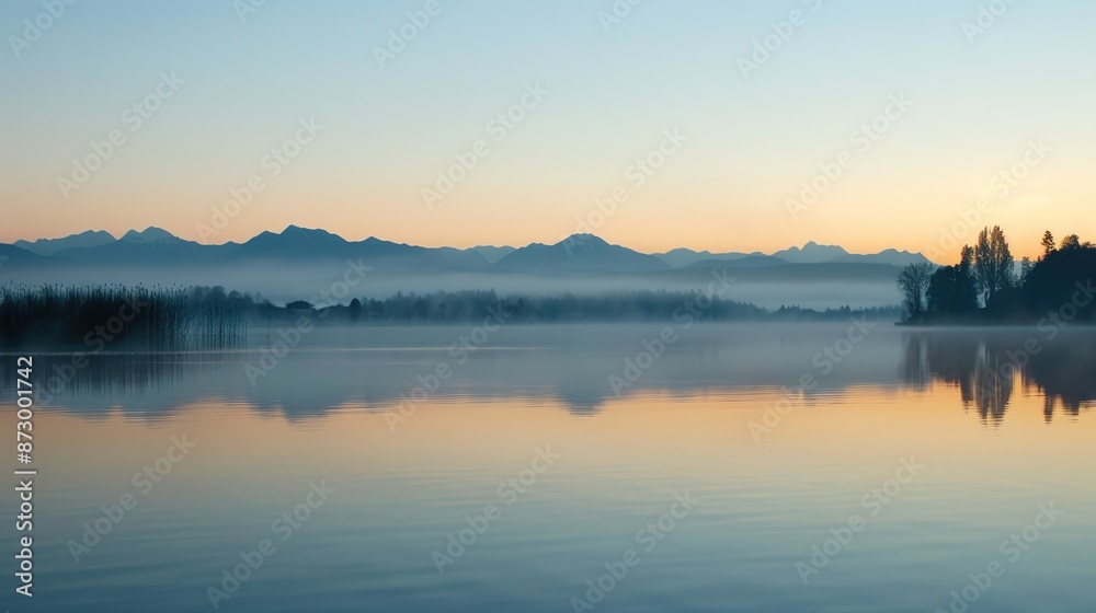 Serene Dawn: Misty Lake with Silhouetted Mountains Serene Dawn: Misty Lake with Silhouetted Mountains