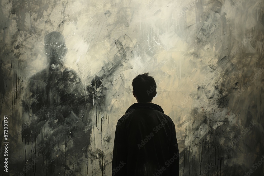 Man Facing Abstract Shadow on Wall Man Facing Abstract Shadow on Wall