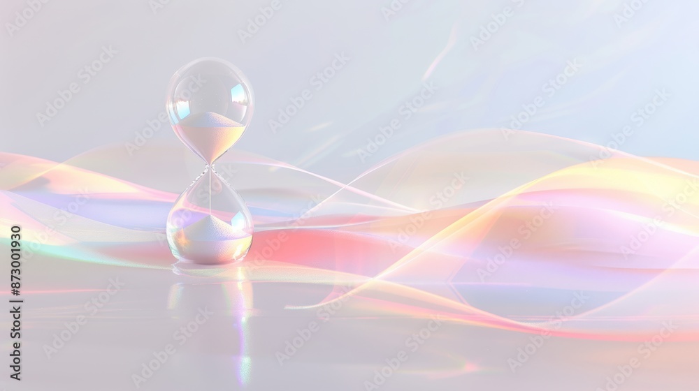 Hourglass with abstract colorful light waves reflecting on glass surface Hourglass with abstract colorful light waves reflecting on glass surface