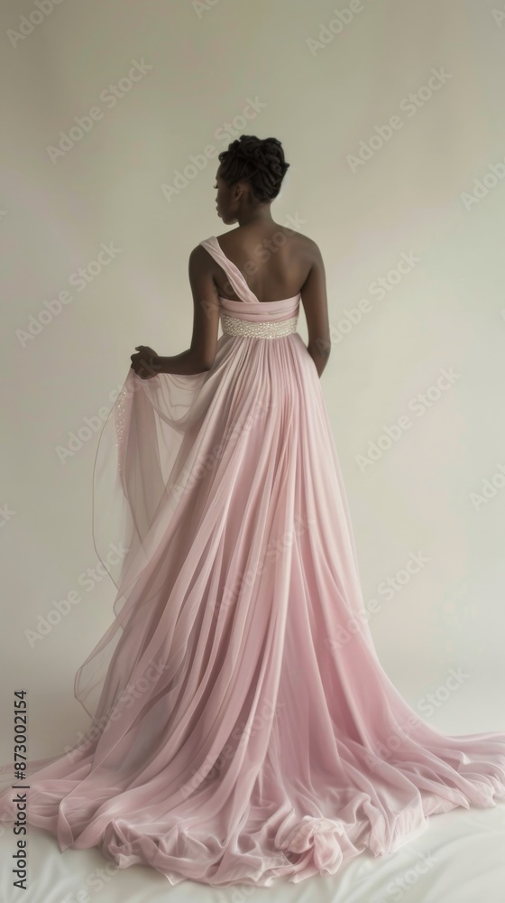 Fototapeta premium Elegant woman in flowing pink gown with luxe details, rear view. Fashion and elegance concept