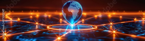 Global network concept with a glowing digital Earth and connecting lines, symbolizing worldwide communication and technology innovation.