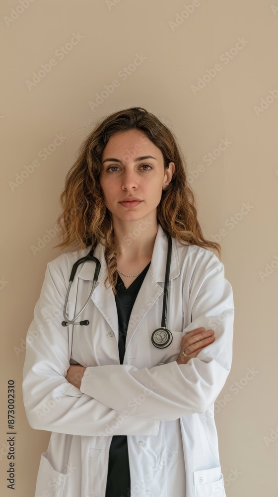 Female doctor with arms crossed against a beige background. Represents confidence and dedication in healthcare. Female doctor with arms crossed against a beige background. Represents confidence and dedication in healthcare.