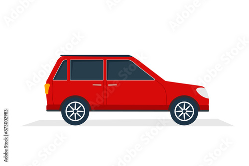 Red automobile with tinted glass. Car side view. Flat cartoon vector illustration isolated on white background