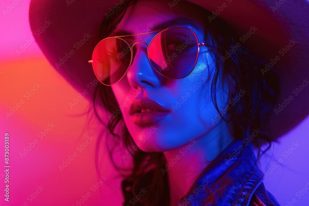 Neon-lit portrait of woman in western hat and sunglasses. Neon-lit portrait of woman in western hat and sunglasses.